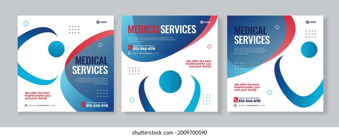 Set of three gradient geometric background of medical service banner social media pack template premium vector
