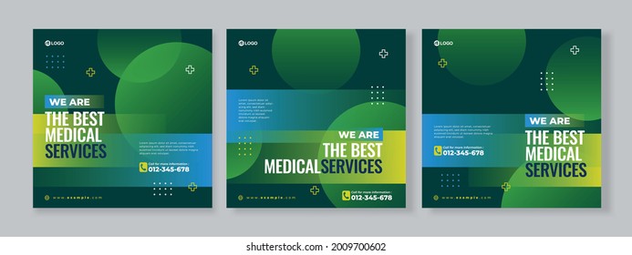 Set of three gradient geometric background of medical service banner social media pack template premium vector