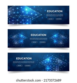 Set of three Graduation cap horizontal banners. Horizontal illustration for homepage design. E-learning low poly symbols with connected dots