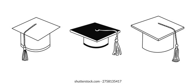 Set of three graduation mortarboard hats in different styles. Vector outline icons for education, academy degree, university commencement, or student success. Graduation cap, graduation hat.