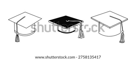 Set of three graduation mortarboard hats in different styles. Vector outline icons for education, academy degree, university commencement, or student success. Graduation cap, graduation hat.
