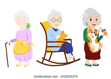 Set three grannies with pets.