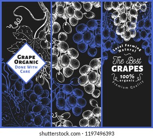 Set of three grape banners. Grape berry frame template. Hand drawn vector fruit illustration on dark background. Engraved style retro botanical background.