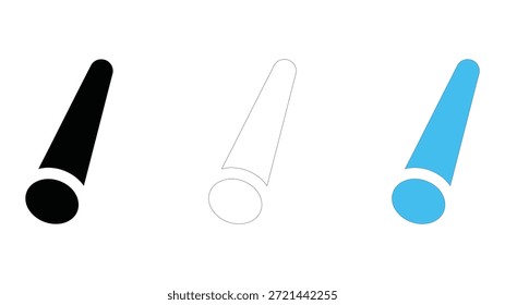 Conjunto de tres representaciones gráficas de un objeto o puntero cónico, que se muestra en negro sólido, contorno blanco y relleno azul sólido. Todos los Elementos se presentan claramente separados sobre un fondo blanco puro