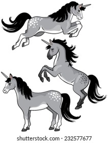 A set of three gray cartoon unicorns standing, rearing up and jumping.