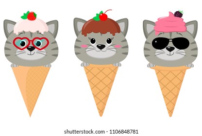 A set of three gray cats in the form of ice cream. Sits in a waffle cone on his head glaze and ice cream with a berry, in the style of a cartoon. Flat, vector.