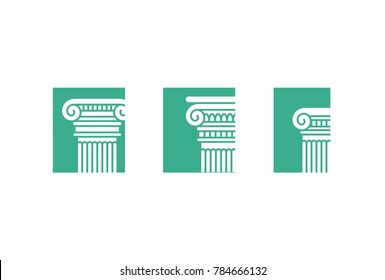 Set of three greek and roman columns sign icons, logos. Vector, isolated