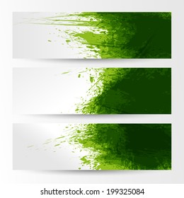set of three green banners, abstract headers with green blots