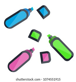 Set of three green blue violet marker, mark, scorer, scorekeeper. School supplies for study, office, university. Stationery. Modern flat cartoons style vector illustration icons. Isolated on white