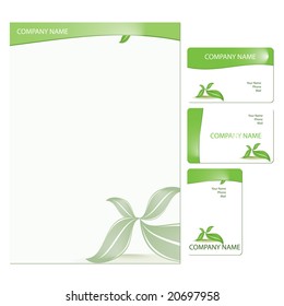 Set of three green business cards with floral elements (vector)