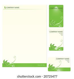 Set of three green business cards with floral elements (vector)