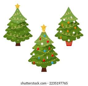 Set of three green Christmas trees with decorations. Fir tree in a tub, with Christmas toys, a garland, a star.Flat style illustration isolated on white background
