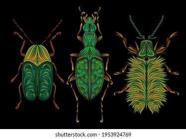 A set of three green different embroidered beetles. Decorative element for embroidery, patches, stickers, badges, print for t-shirts.