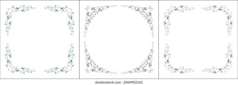 Set of three green elegant vegetal vector frames with butterflies. Vector frame for all sizes and formats. Isolated vector illustration.