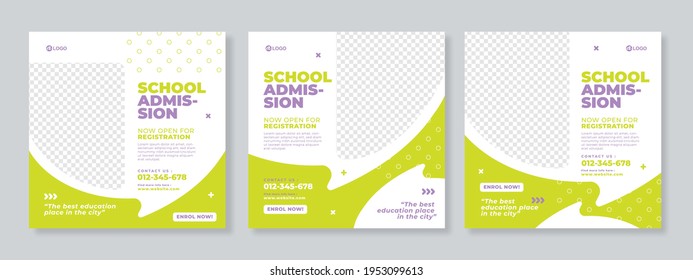 Conjunto de três cinza verde com fundo de bate-papo bolha e foto admissão escolar ou modelo de pacote de mídia social educacional vetor premium