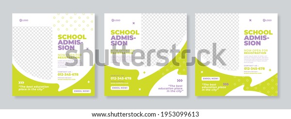 Set of three green grey with bubble chat\
background and photo school admission or education social media\
pack template premium\
vector