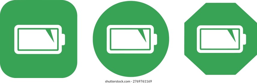 Set of three green low battery icons in different geometric shapes on a white background for energy or technology concepts.