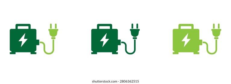 A set of three green portable electric generator icons featuring power plugs and lightning symbols representing clean energy and sustainable power solutions