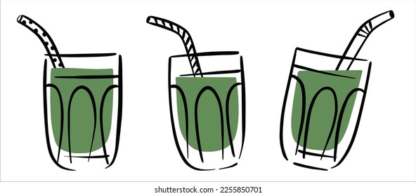 Set of three green Smoothie glasses with drinking straw, doodle style 