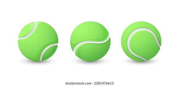 Set of three green tennis balls. Sport equipment collection. Tennis balls isolated on white background. Vector illustration.