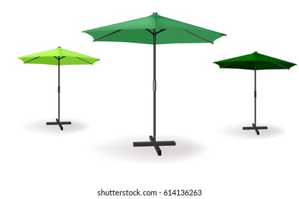 Set of three green umbrellas. Vector illustration for beach, advertising or cafe
