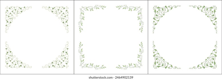 Set of three green vegetal vector frames with leaves. Vector frame for all sizes and formats. Isolated vector illustration.