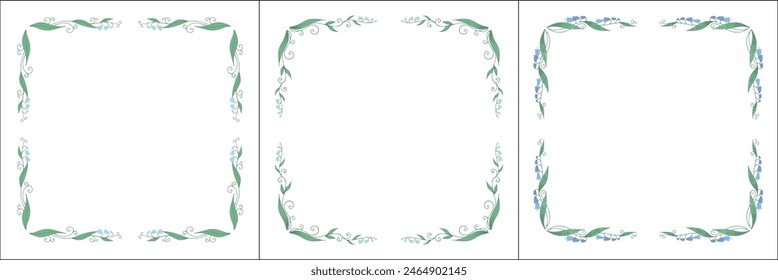 Conjunto de tres marcos de Vector vegetal verde con hojas y flores. Lirio del valle. Marco de Vector para todos los tamaños y formatos. Ilustración vectorial aislada.