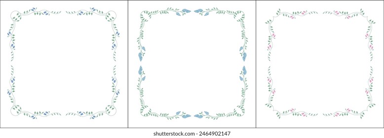 Set of three green vegetal vector frames with blue flowers and leaves. Square frames. Vector frame for all sizes and formats. Isolated vector illustration.