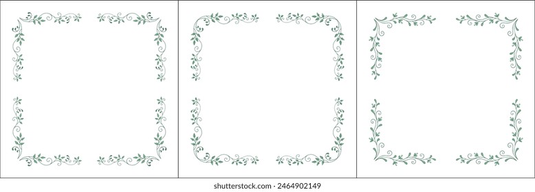 Set of three green vegetal vector frames with leaves. Vector frame for all sizes and formats. Isolated vector illustration.