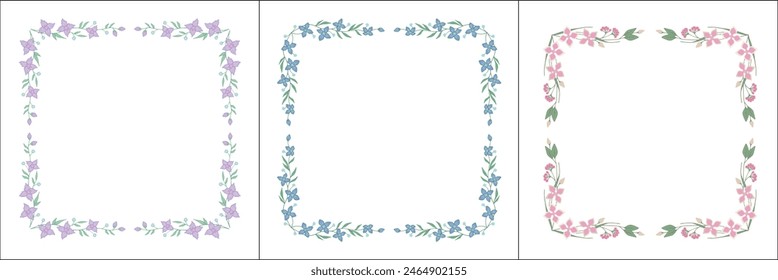 Set of three green vegetal vector frames with leaves. and flowers. Square frames. Collection with pink, blue and purple flowers. Vector frame for all sizes and formats. Isolated vector illustration.