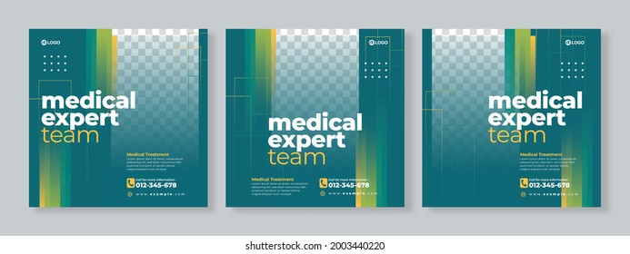 Conjunto de tres fondo geométrico amarillo verde del banner experto médico de la plantilla de paquete de medios sociales premium vector