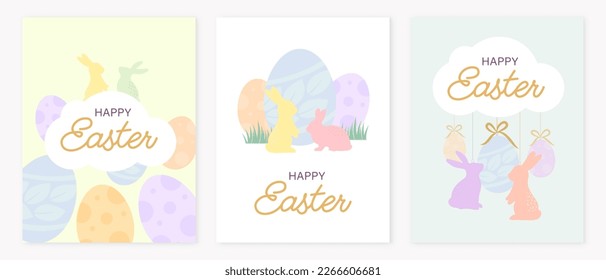 Set of three greeting card for Easter Day. Nice rabbit with egg. Vector illustration.