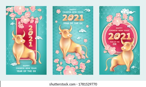 Set of three greeting cards for 2021 Chinese New Year. Metal Ox is a symbol year. Golden bull, coins, flowers pink spring sakura on turquoise blue background. The wish of wealth, monetary luck