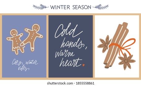 Juego de tres tarjetas de felicitación con canela, pan de jengibre y frase con letras. Perfecto para invitaciones de invierno, tarjetas de felicitación de Año Nuevo y Navidad.