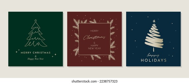 Set Of Three Greeting Cards. Elegant Designs With Hand Drawn Golden Christmas Trees And Christmas Tree Branches On Different Dark Backgrounds. Simple Style Vector Graphics.