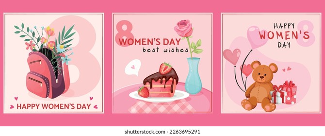 Set of three greeting cards for March 8. Postcards for World Women's Day. Cute pink postal with a backpack and flowers inside. Card with a cake and a rose in a vase. Card with teddy bear and gifts