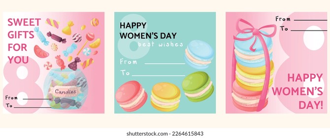 Juego de tres tarjetas de felicitación para el 8 de marzo. Postales para el Día Mundial de la Mujer. Tarjeta con dulces y macarons. Tarjetas rosas y turquesas suaves para las chicas. Postales de a con línea