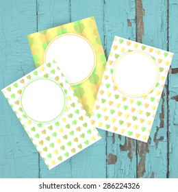 Set of three greeting cards on the wooden background. Can be use as save the date, St. Valentine's Day, invitation cards. Cover design. Abstract retro geometric pattern with hearts. Stock vector.