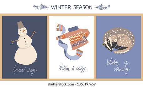 Juego de tres tarjetas de felicitación con muñeco de nieve, suéter, bufanda, insignia y frases con letras. Perfecto para invitaciones de invierno, tarjetas de felicitación de Año Nuevo y Navidad.
