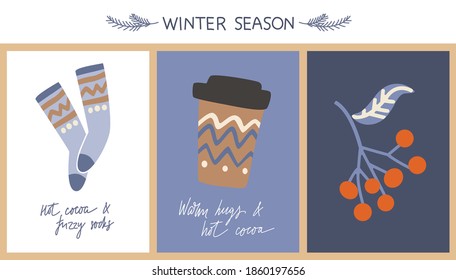 Set of three greeting cards with socks, cocoa, berries and lettering phrases . Perfect for winter invitations, New Year and Christmas greeting cards.