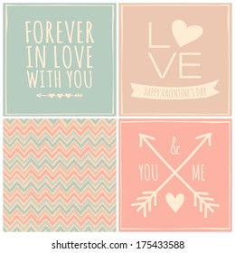 A set of three greeting cards for Valentine's Day and a seamless pattern in pastel colors.