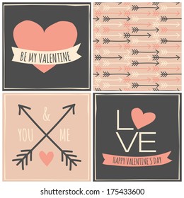 A set of three greeting cards for Valentine's Day and a seamless pattern in pastel colors.