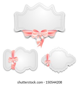 Set of three greeting cards vignettes tied with satin ribbon with a bow. Vector illustration.