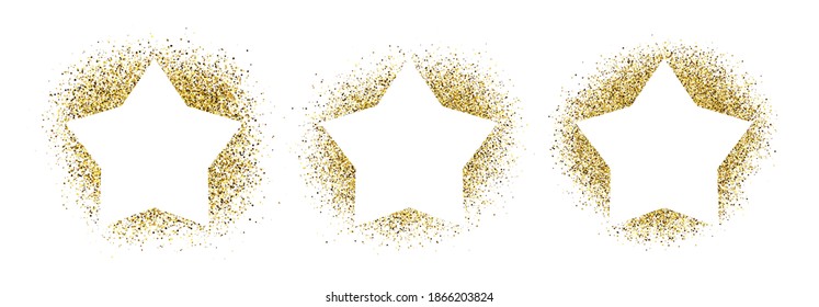 Set of three greeting cards with white star frame on golden glitter background. Empty white background. Vector illustration.