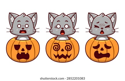 Set of three grey kitten characters with shocked expressions hiding inside orange Halloween pumpkins with spooky faces. High quality vector illustration for holiday greeting cards.