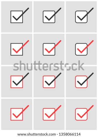 Set of three grey and red vector check marks in different boxes. Confirmation acceptance positive passed voting agreement true or completion of tasks on a list