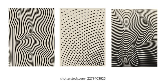Set of three groovy hippie 70s backgrounds waves and dots in black and beige color, swirl twirl pattern in trendy retro psychedelic style
