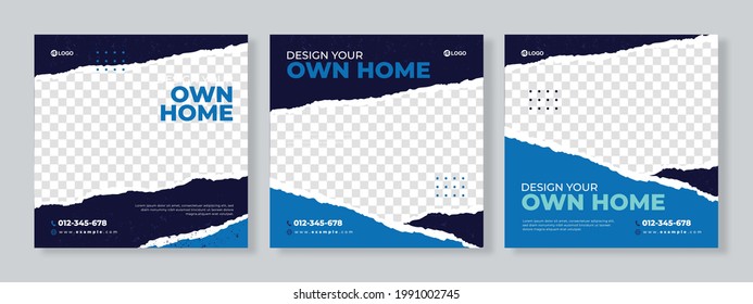 Set of three grunge background with ripped paper effect of construction agency banner social media pack template premium vector - Shutterstock ID 1991002745