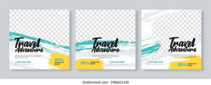 Set of three grunge background of travel promotion banner social media pack template premium vector