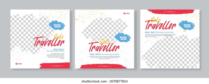 Set of three grunge background of travel promotion banner social media pack template premium vector